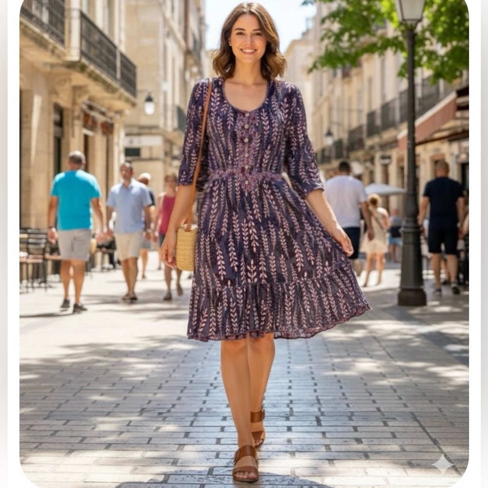 Floral Scoop Neck Midi Dress in Navy